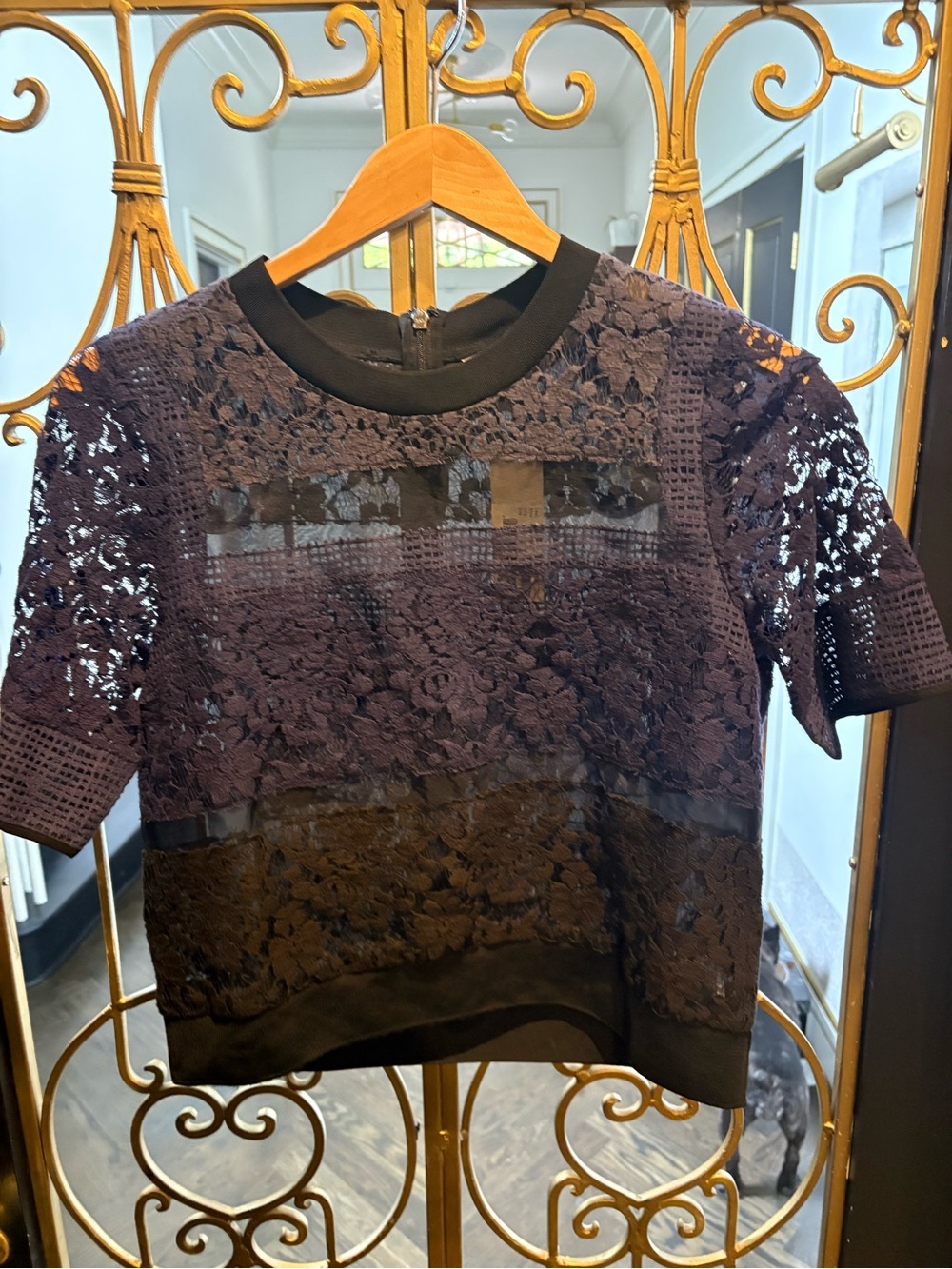 Navy grey black  Lace Short Sleeve Top mesh Rebecca Taylor sheer size 2 nwt 350